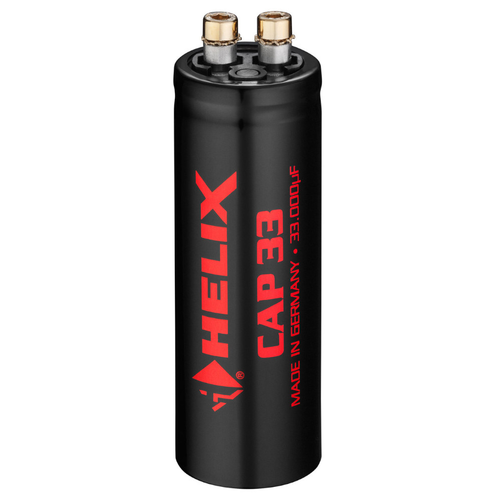 En svart kondensator med röd text, modell Helix CAP 33, för generatorvin.