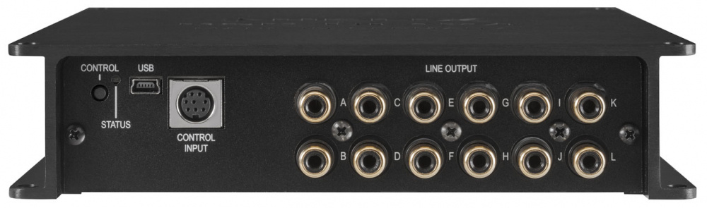 Bakpanelen av Helix DSP ULTRA med diverse ljudutgångar och kontrollanslutningar.