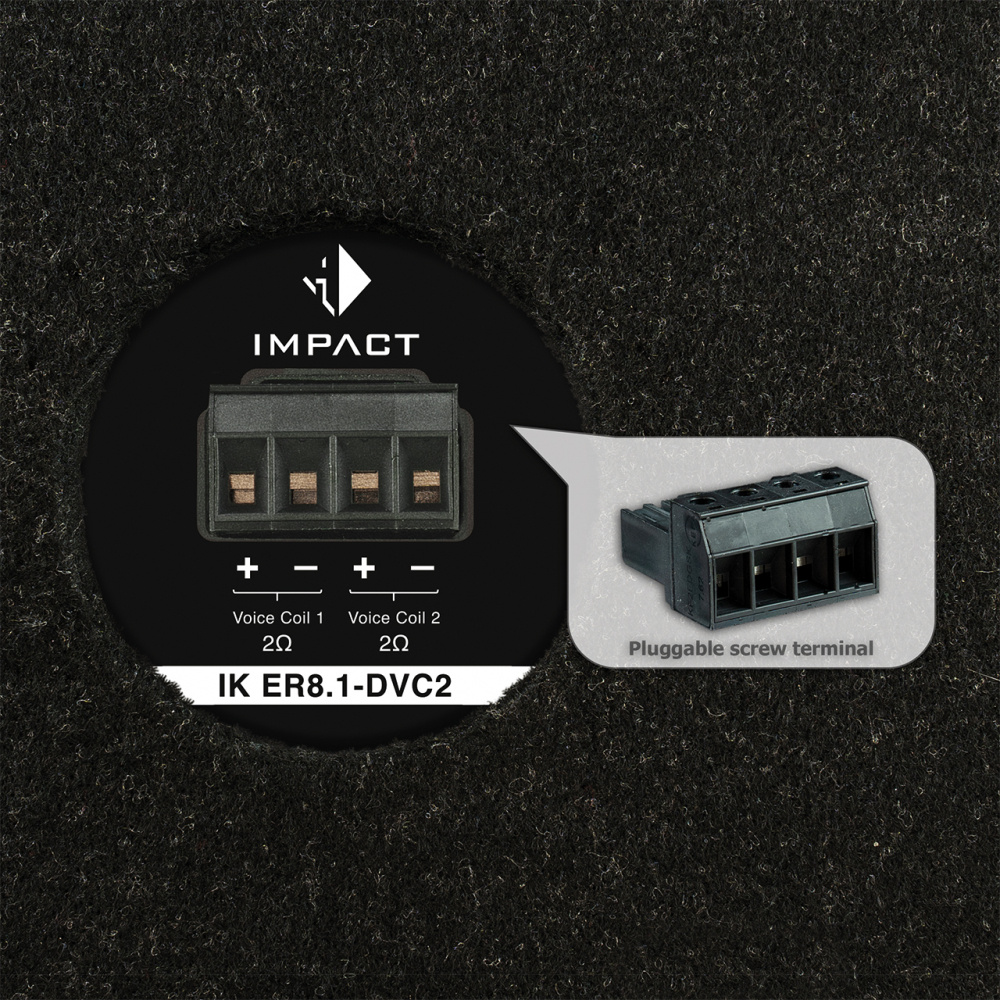 Produktens anslutningspanel med pluggbar skruvterminal för röstspolar.