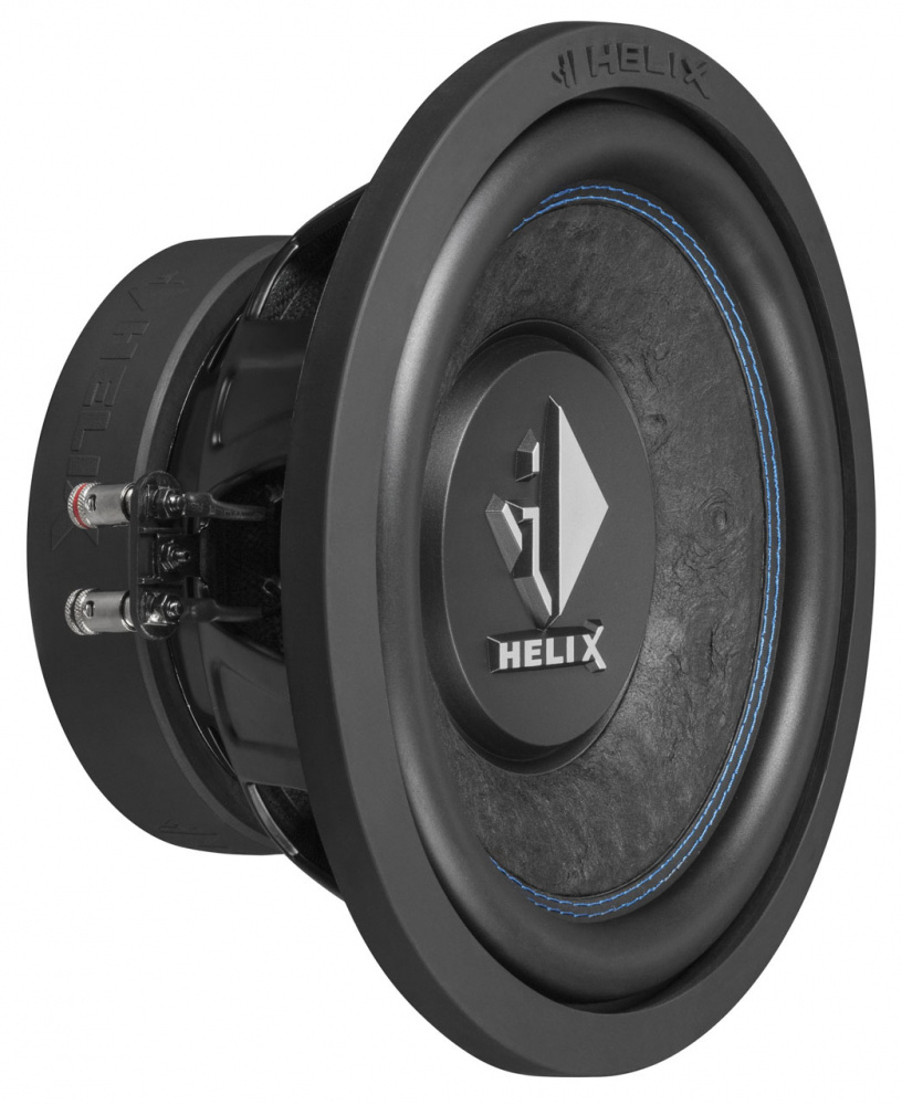 En svart högtalare med blå detaljer, modell Helix K 10W, 10 tum.