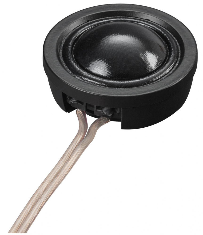 Diskanthögtalare med rund design och två anslutningskablar.