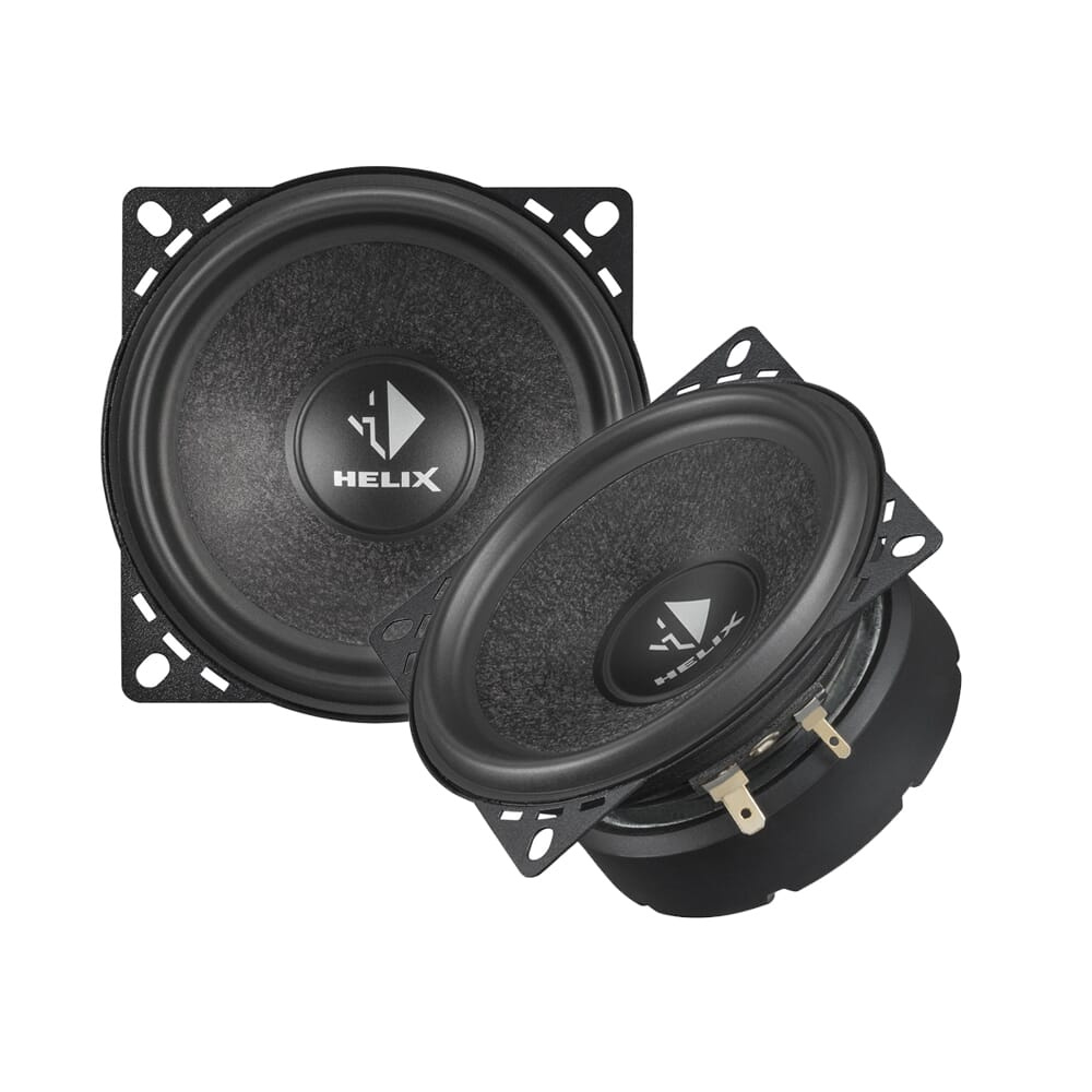 Midbas högtalare med svart ram och logotyp. 4 tum storlek.