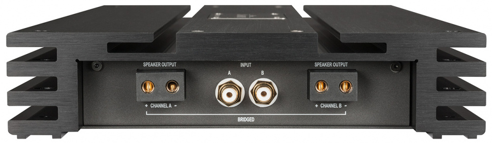 Två-kanaligt slutsteg med ljudingångar och högtalarutgångar.