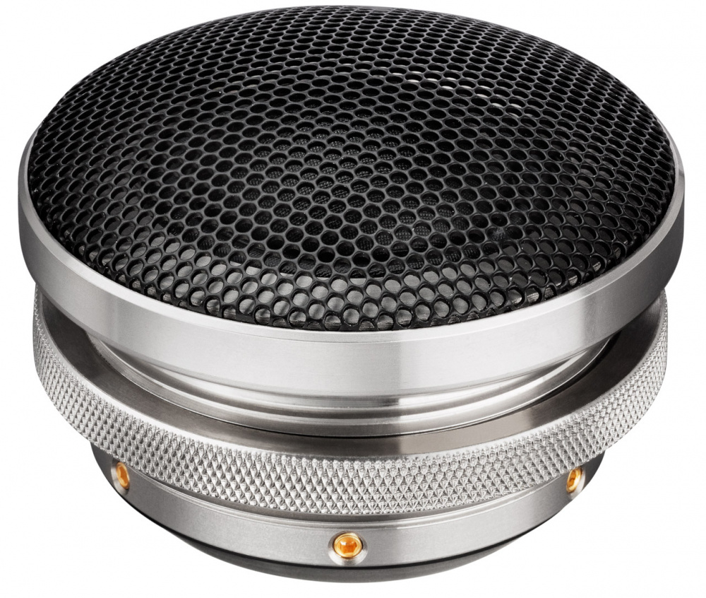 En rund diskant med metallgaller och silverdetaljer.