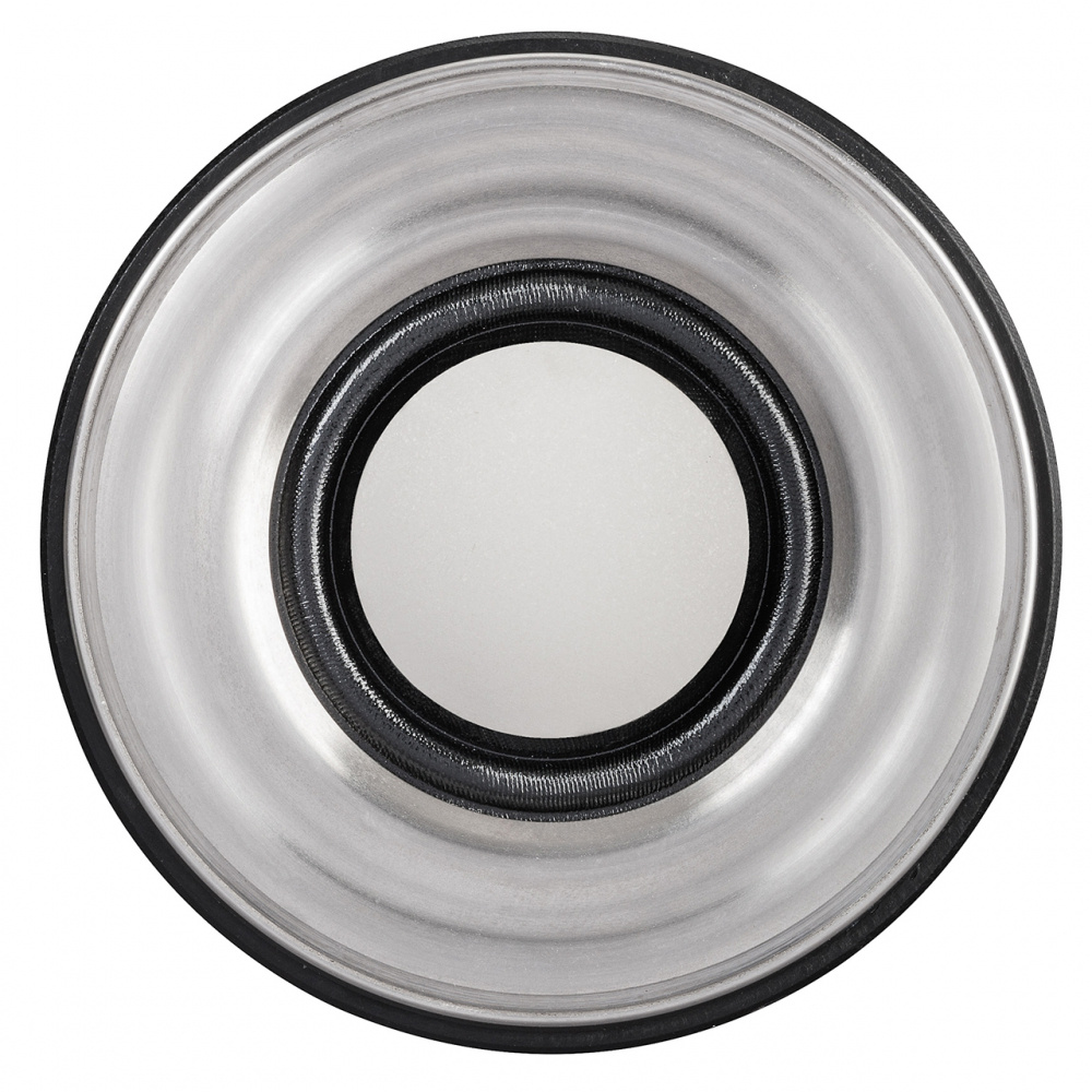 En rund diskanter med en klar yta och svart gummiram.