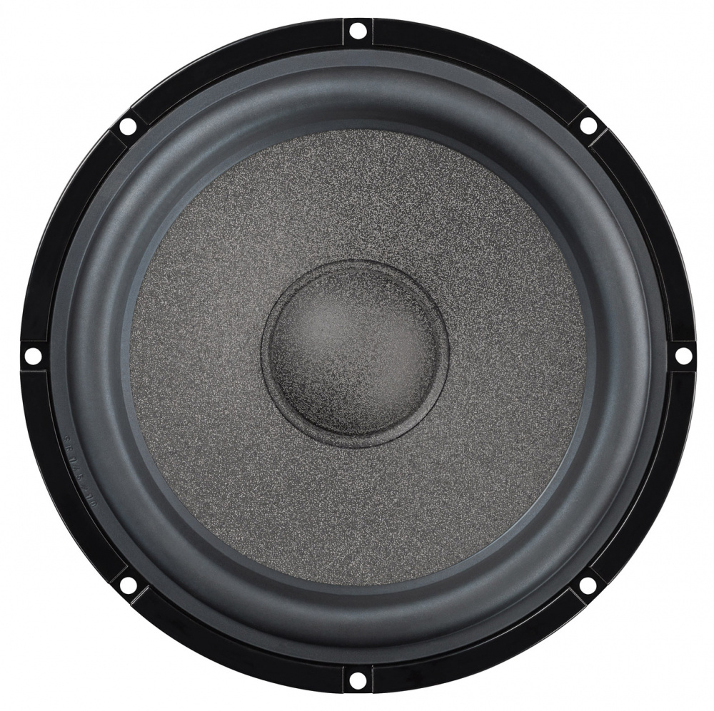 En rund midbas med svart ram och grå membran.