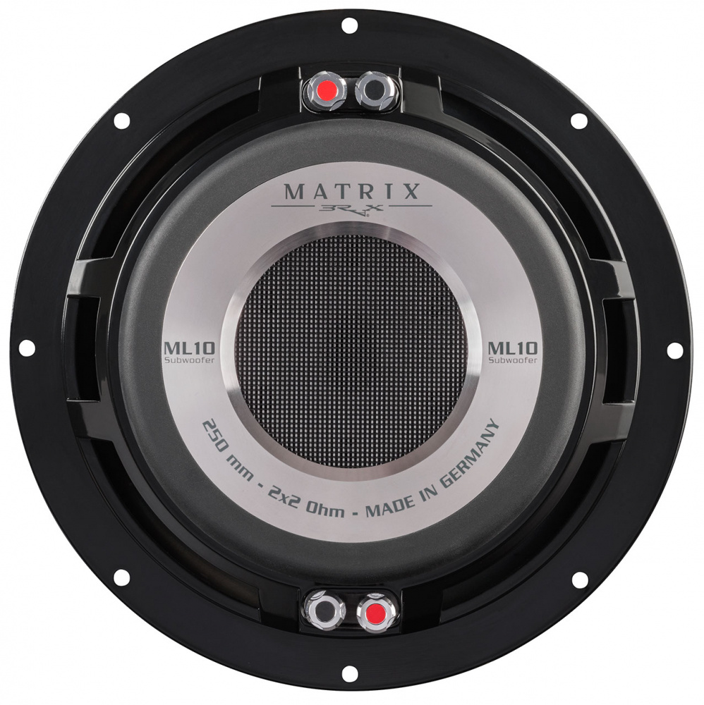 En rund subwoofer med metallgaller och anslutningar.