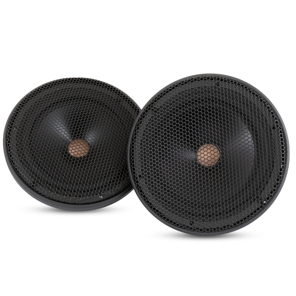 Högtalare med svart nätgaller och rund design, avsedda för ljudåtergivning.