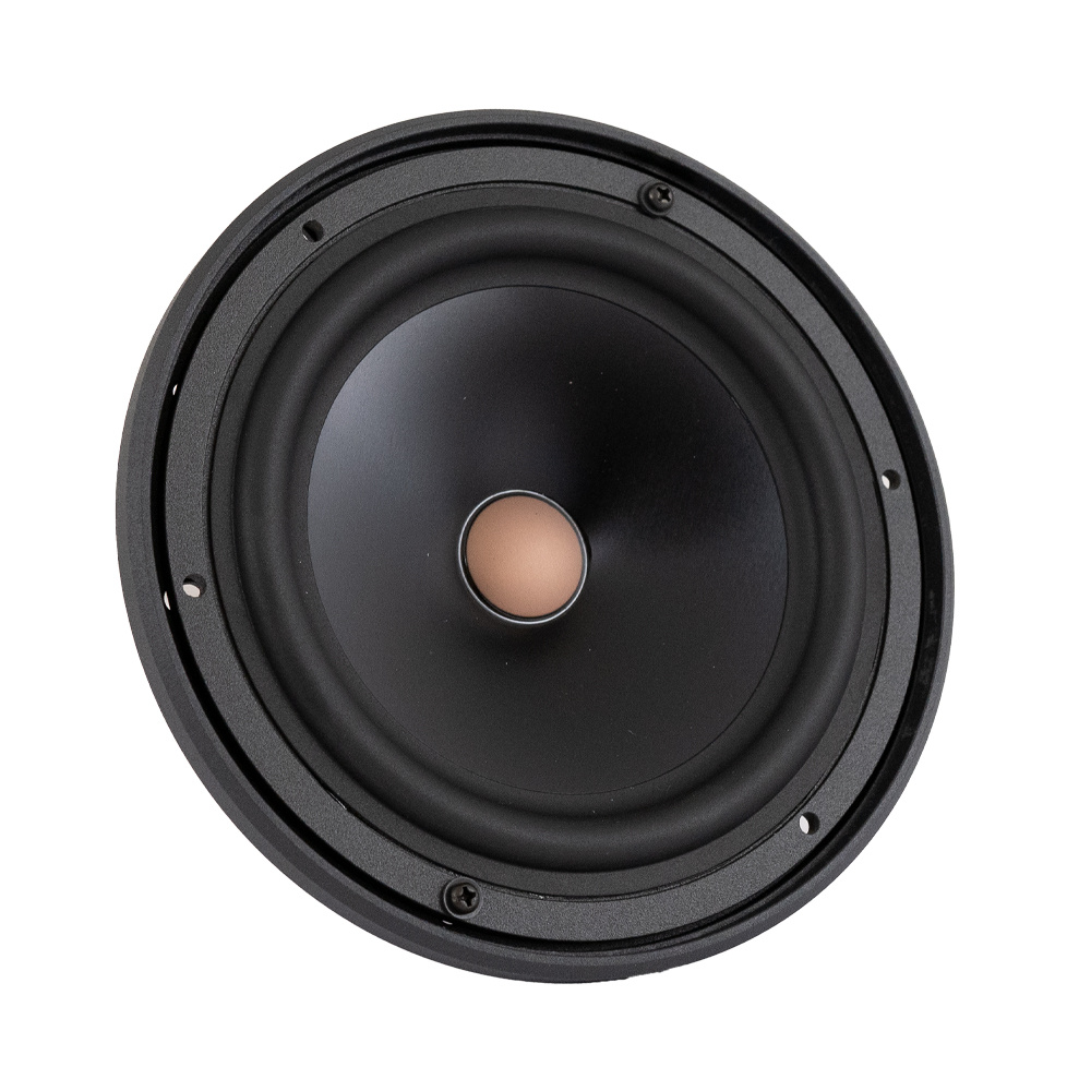 Mellanregisterhögtalare med svart membran och metallram.