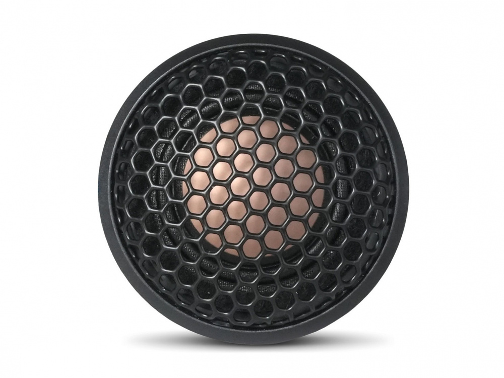 En rund högtalare med svart galler och kopparfärgad membran.