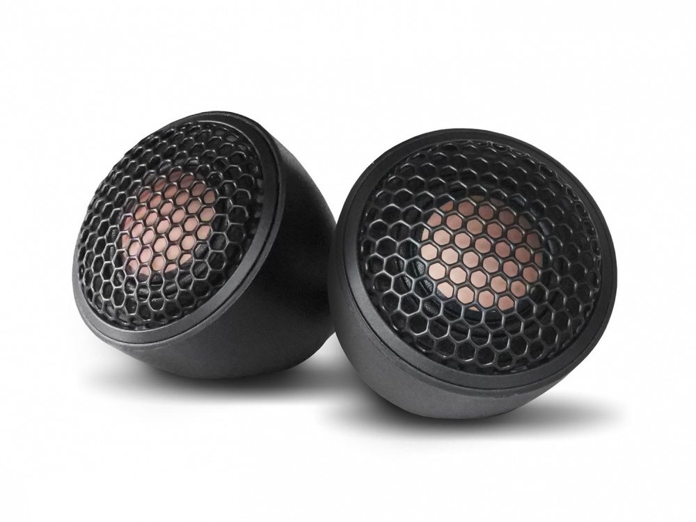 Två svarta högtalare med galler och rund form för ljudsystem.