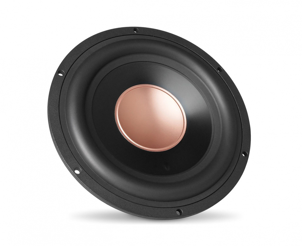 Högtalare med en svart kon och kopparfärgad mittdel.