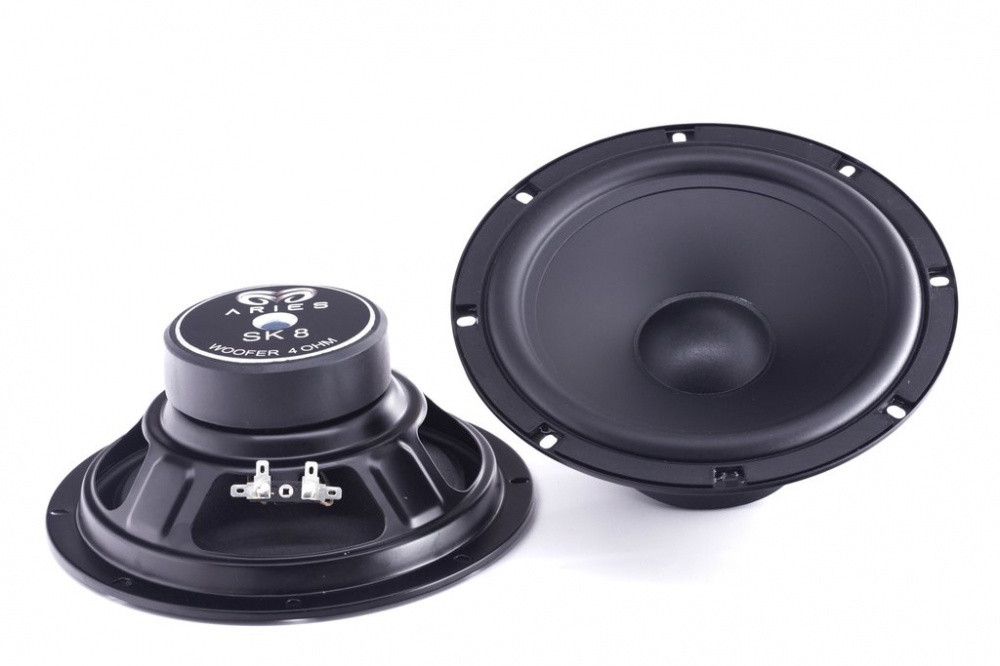 Två 8-tums högtalarelement med svart finish.