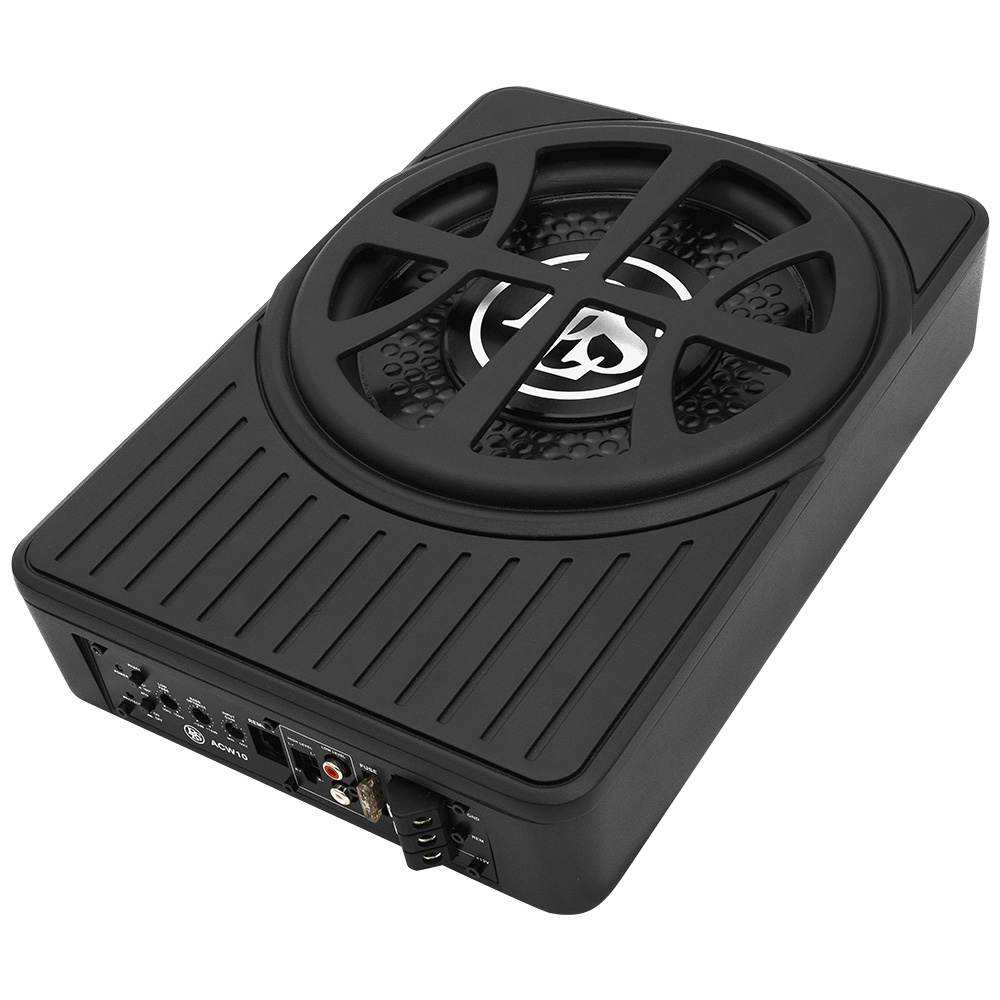 Subwoofer med svart hölje, kompakt design och anslutningar på baksidan.