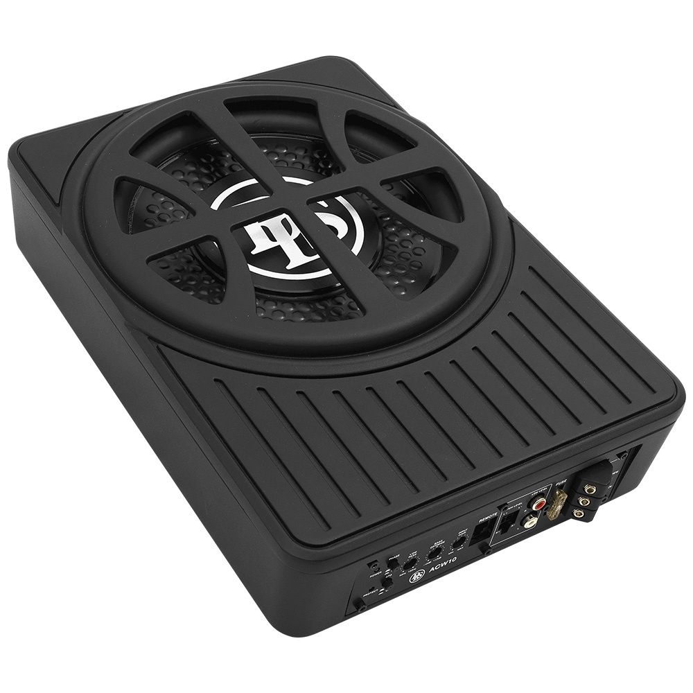 En svart undersätesbas med kraftfulla ljudkomponenter och anslutningsmöjligheter.