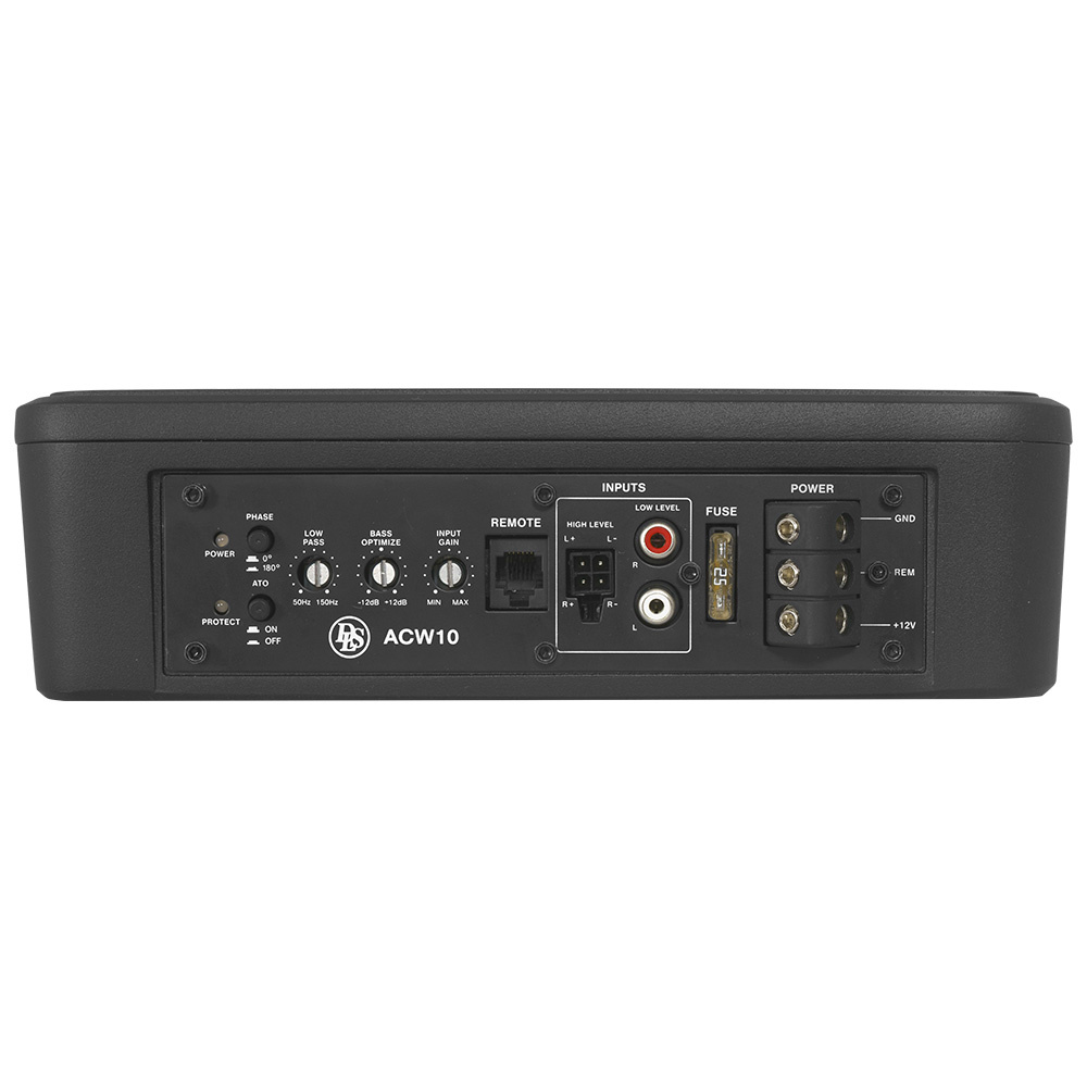 Baksidan av DLS ACW10 med kontakter för anslutning och inställningar.