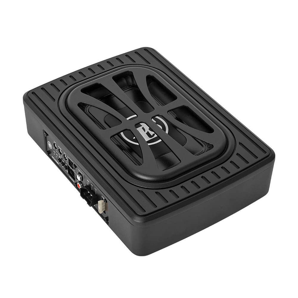 Kompakt undersätesbas i svart med nätverk och kontakter på sidan.