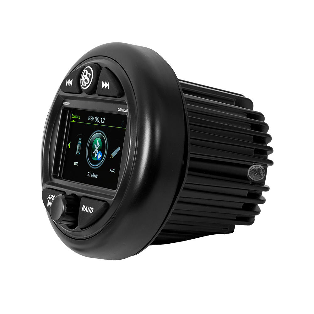 Marinstereo med Bluetooth och 3 zoner, rund design och LCD-display.