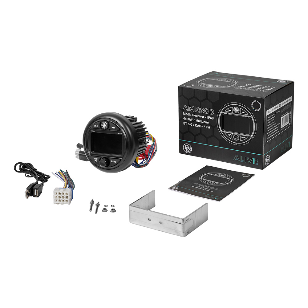 Marinstereo med display, kablar och installationsmaterial för DLS Alive AMR30D.