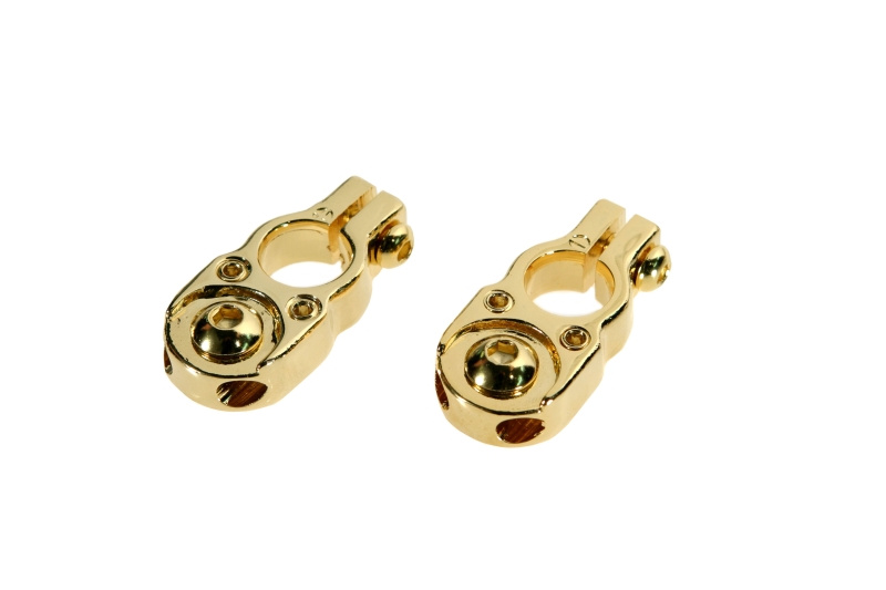 Två guldfärgade batteripolska, del av elinstallation.