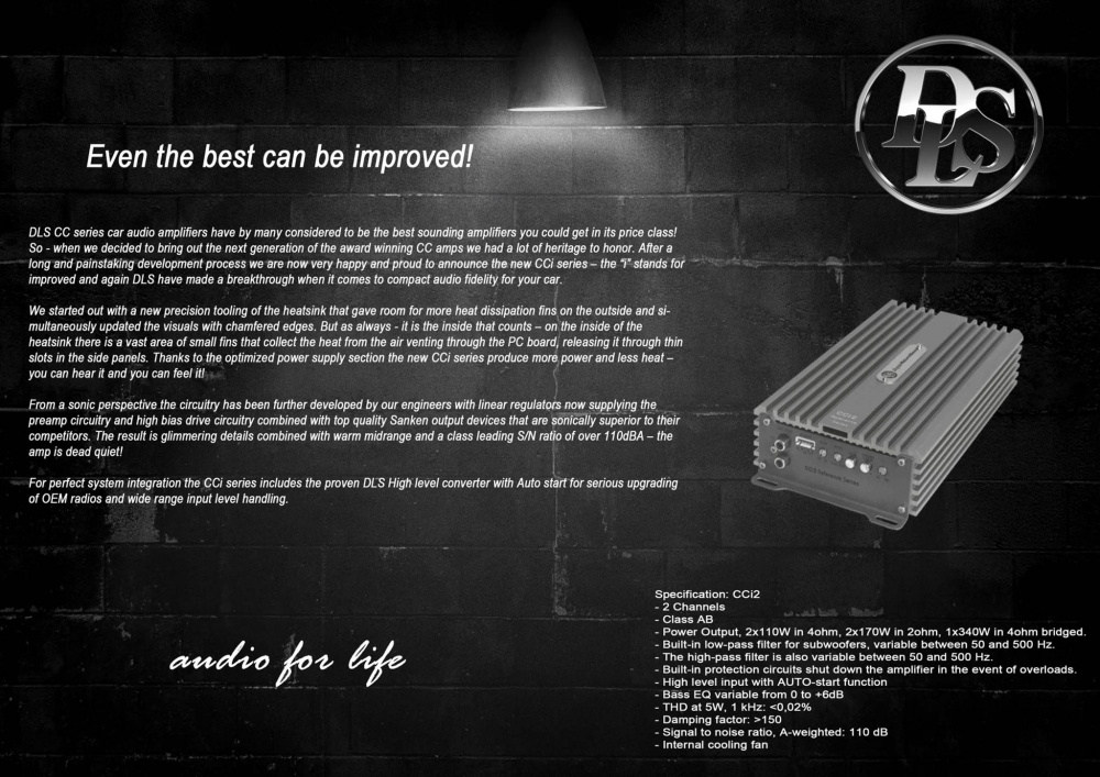 Tvåkanals ljudförstärkare med specifikationer för hög ljudkvalitet och effektiv kylning.