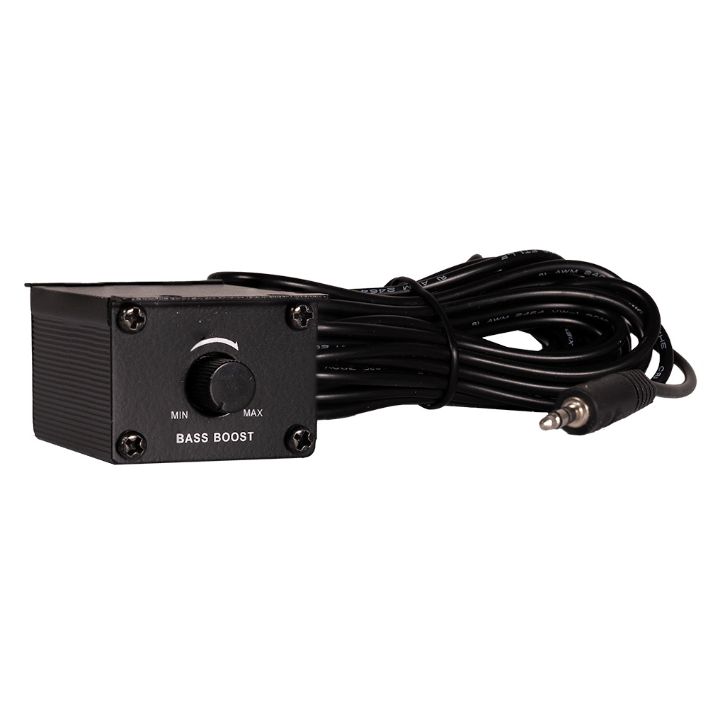 Fjärrkontroll för basjustering med reglage och anslutningskabel.