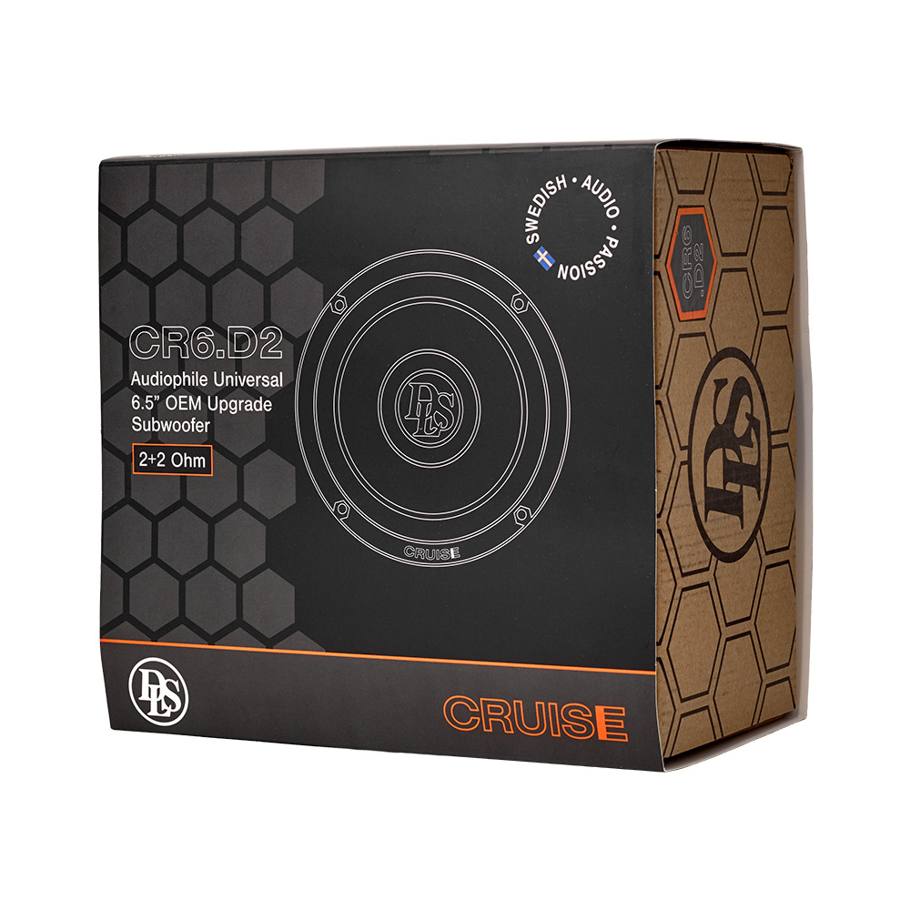 Produktförpackning för DLS Cruise CR6.D2 subwoofer, 6.5 tum, med grafisk design.