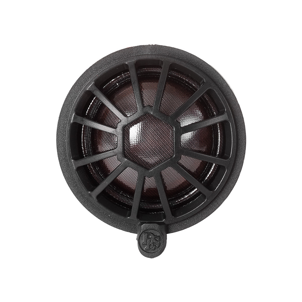 En rund högtalare med svart galler och plastkanter.