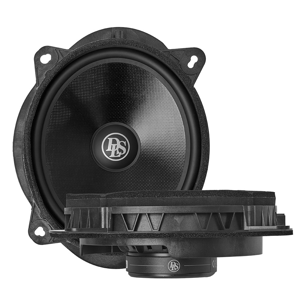 Högtalare med rund form, svart färg och DLS-logotyp. Anpassad för Toyota & Lexus.