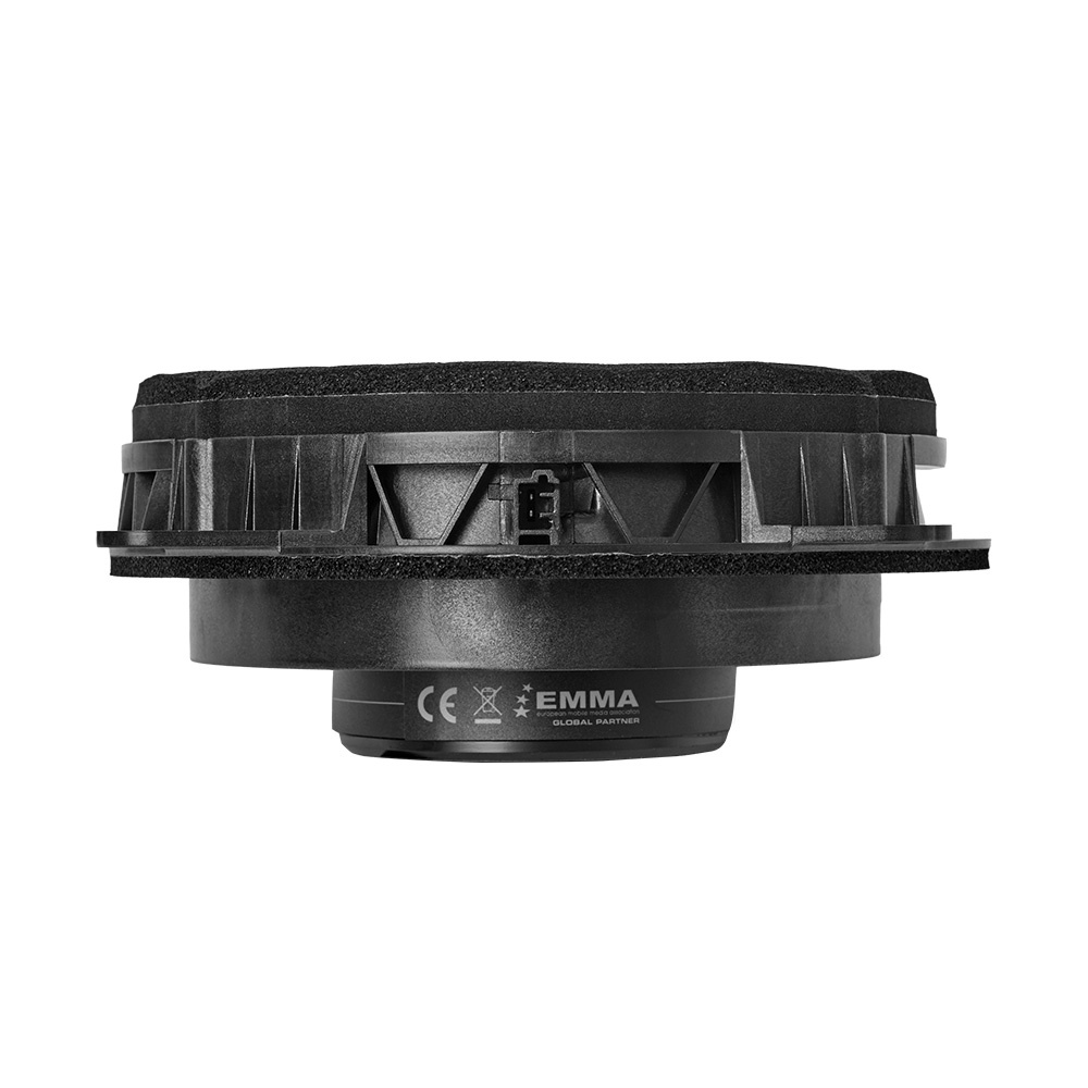 En svart högtalare med rund form och skyddande ram.