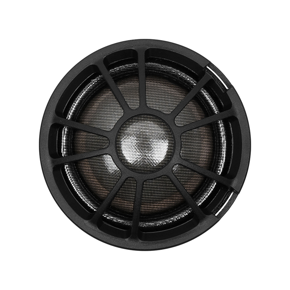 Ett rundformat högtalarelement med galler och svart ram.