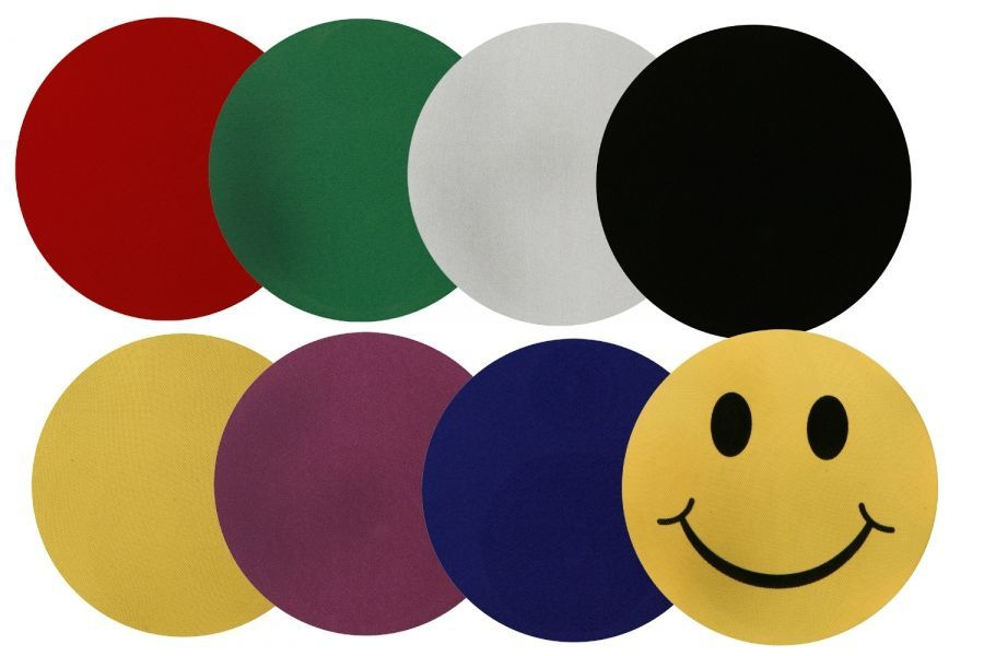 Färgade cirklar i olika nyanser, en med en glad smiley.