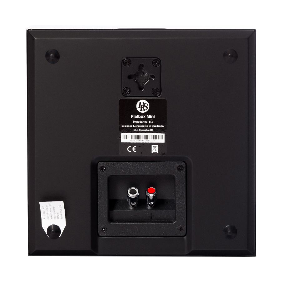 Bakpanel av högtalare med anslutningar och etiketter.