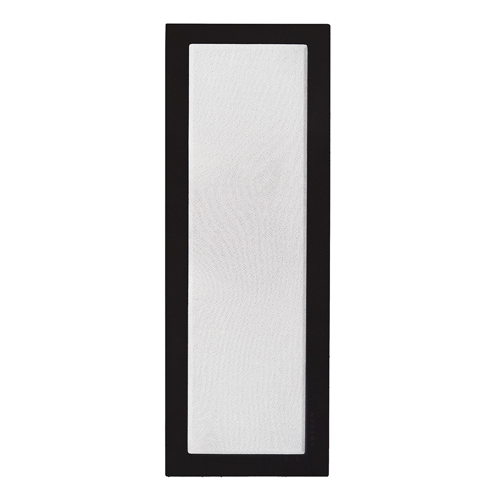 Vägghögtalare i mattsvart med vit front, stilren design för inomhusbruk.