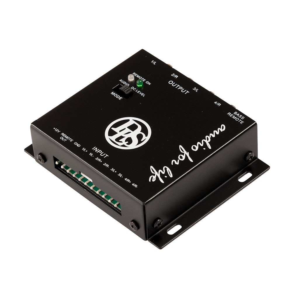 En fyrkanals hög/lågnivåomvandlare med inställningsmöjligheter.