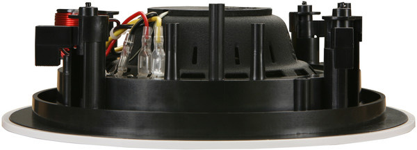 Högtalare med svart chassi och anslutningar för installation.