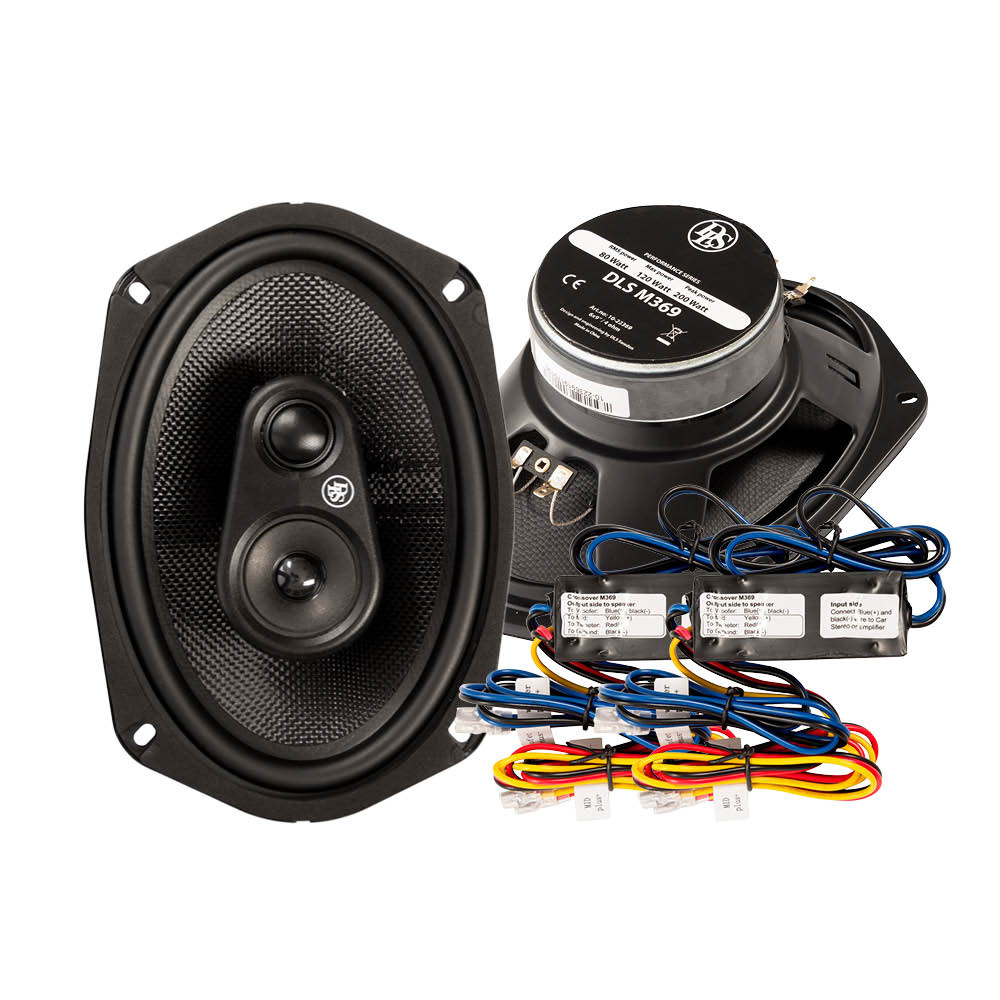 Högtalare med två element och kopplingslådor för ljudsystem.