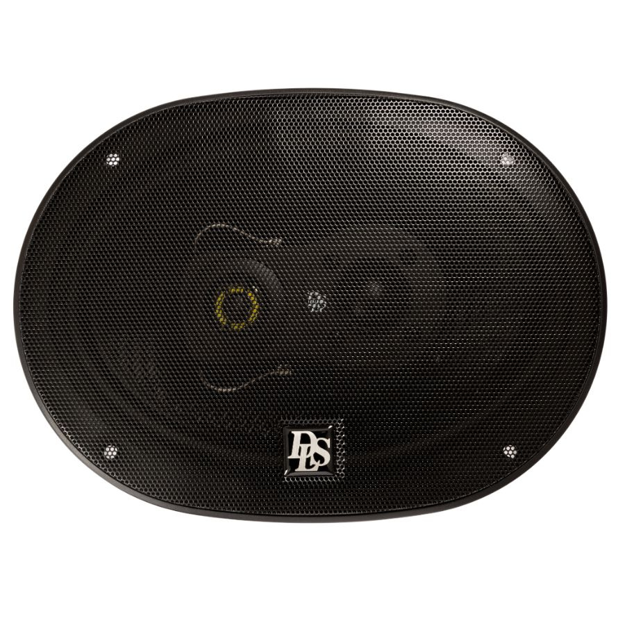 Koaxialhögtalare med svart nätgaller och oval form, modell DLS Performance M3710i.