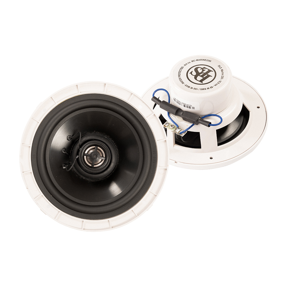 Marinhögtalare med vit ram och svart membran, designad för båtar.