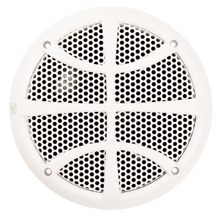 Marinhögtalare med rund form och perforerat galler i vitt.