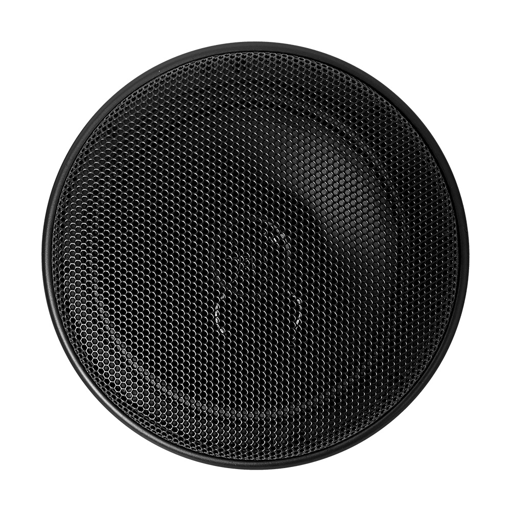 En rund koaxialhögtalare med svart galler.
