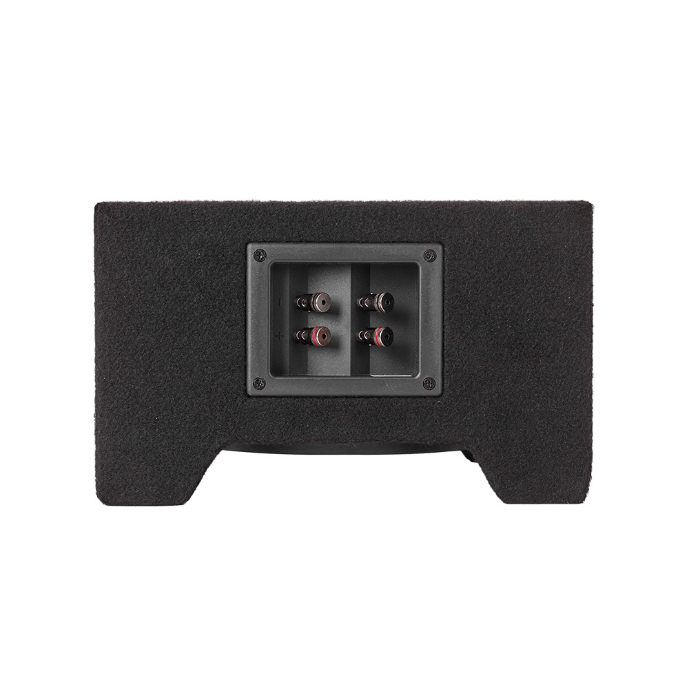 En rektangulär baslåda med svart tyg och anslutningsuttag på baksidan.