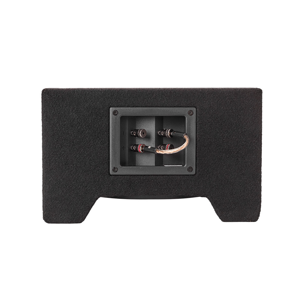 En svart nedåtriktad baslåda med anslutningsuttag på baksidan.