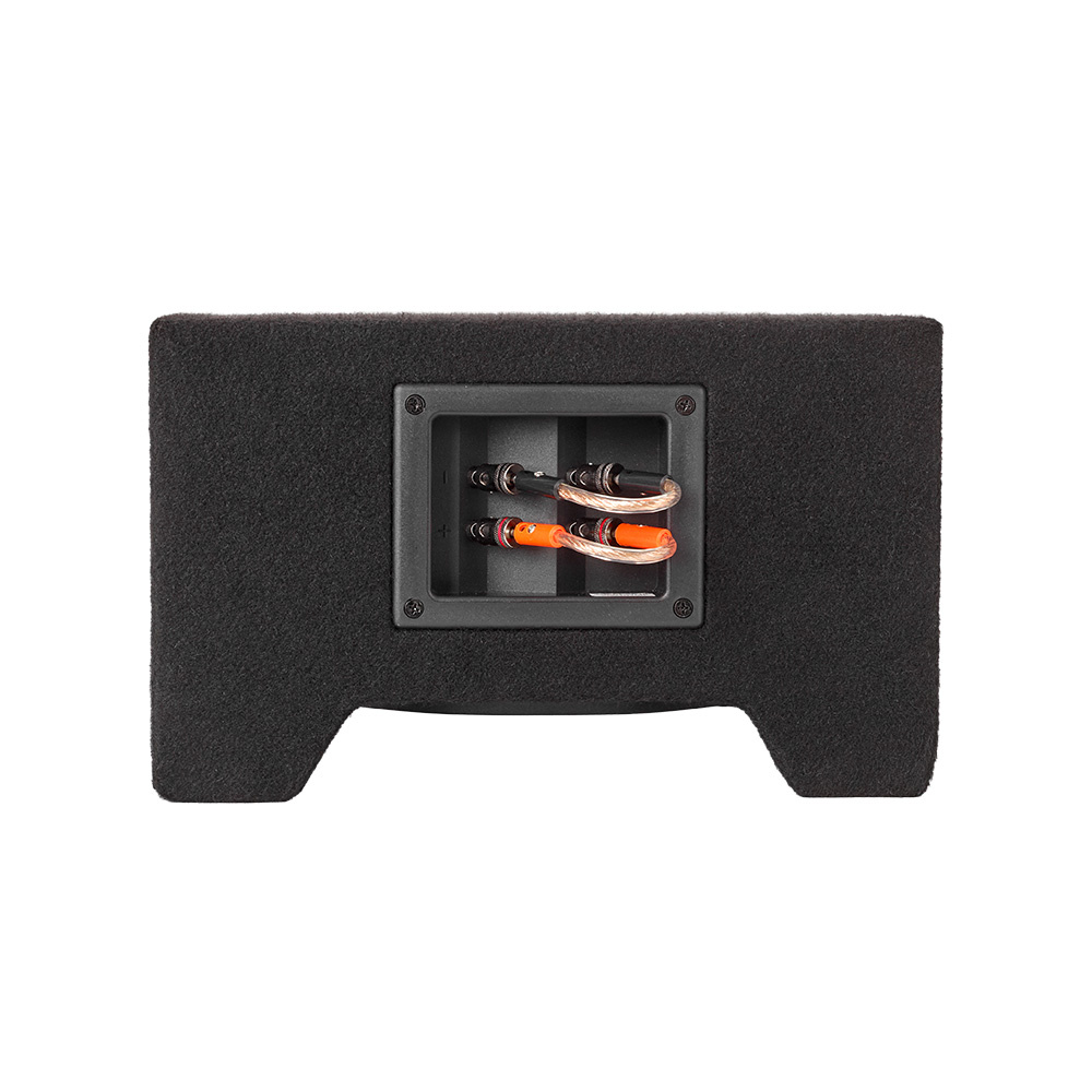 En svart nedåtriktad baslåda med anslutningar på baksidan.