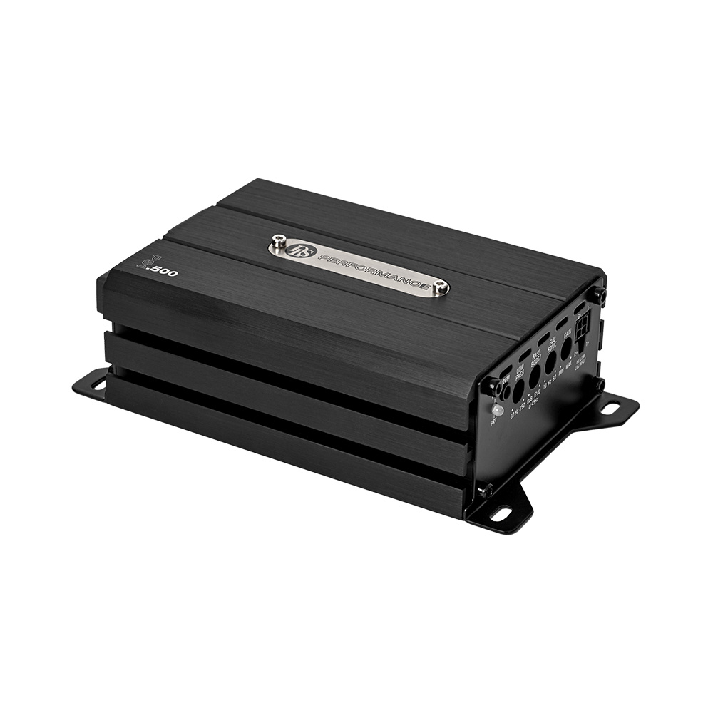 Kompakt monoblock-förstärkare med svart aluminiumhölje och anslutningar.