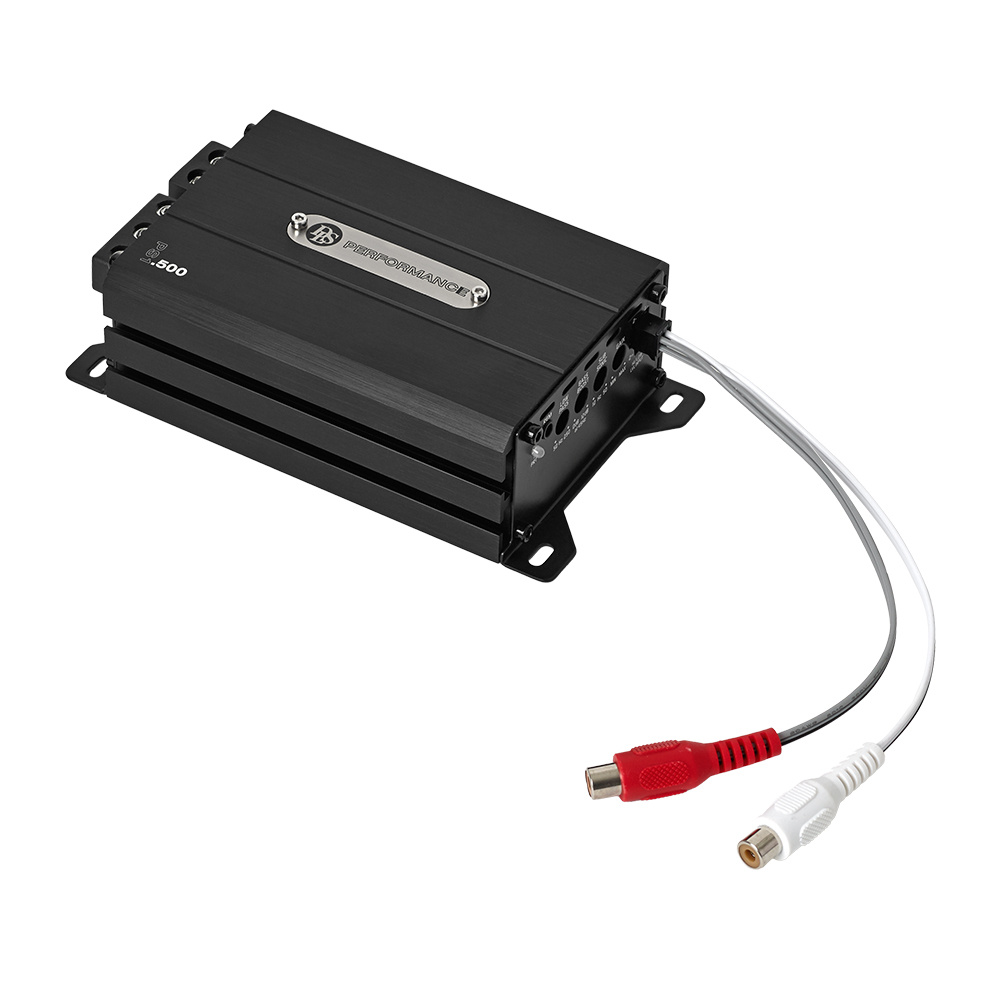 En kompakt svart monoblock förstärkare med anslutningar.