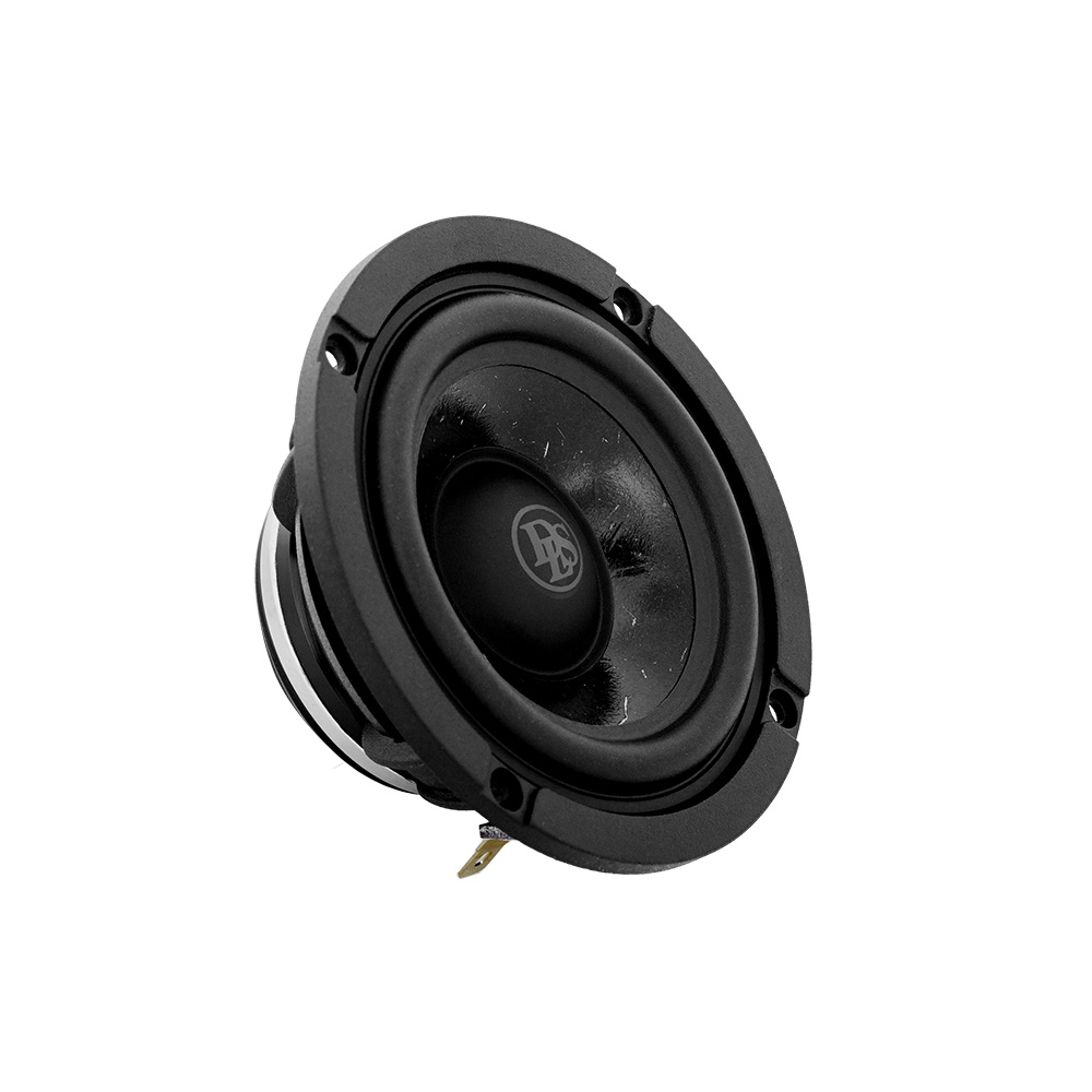 Högtalare med 3 tums mellanregister, svart ram och centralt logotyp.