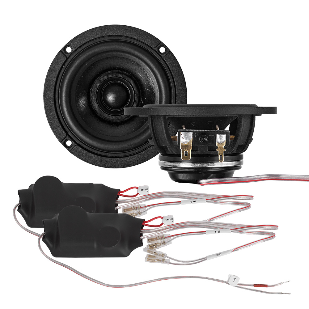 Tre tums koaxialhögtalare med komponenter och kablar för installation.