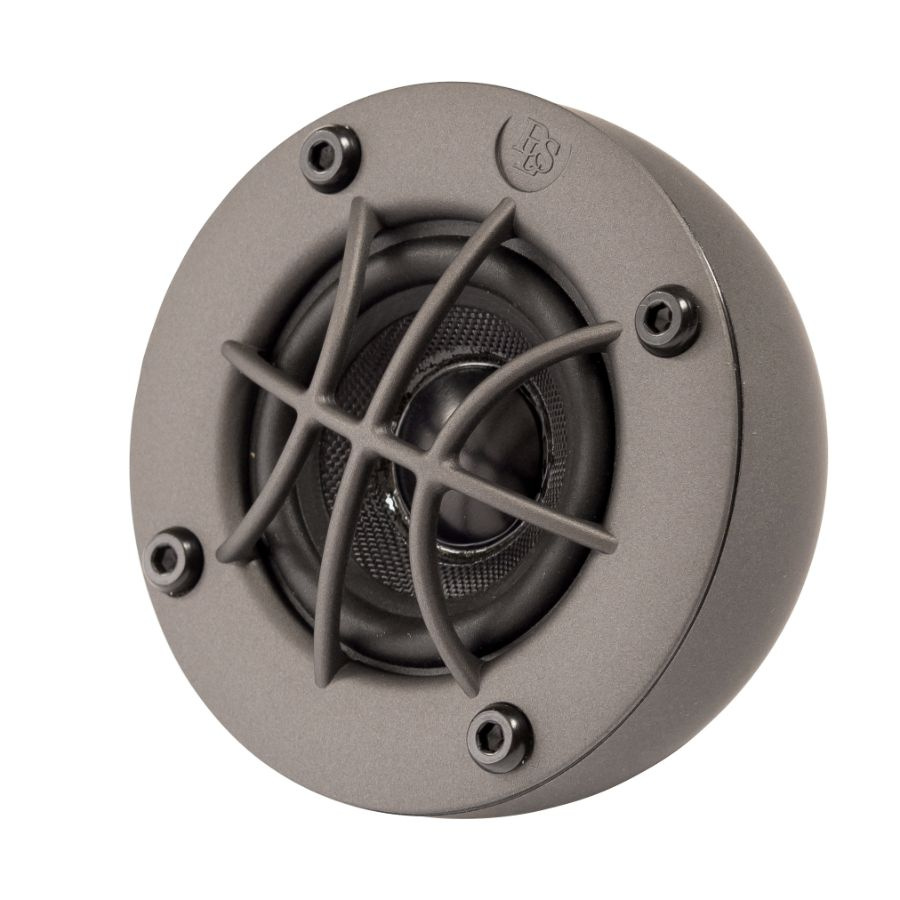 En rund bredbandsdiskant med svart galler och fäste.