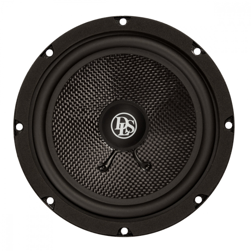 En svart högtalare med kolfiberlook och logotyp i mitten.